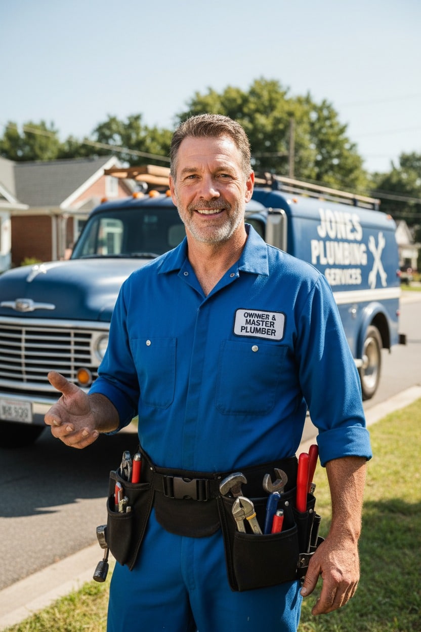 A smiling master plumber in a blue uniform and tool belt stands in front of a Jones Plumbing Services work truck.